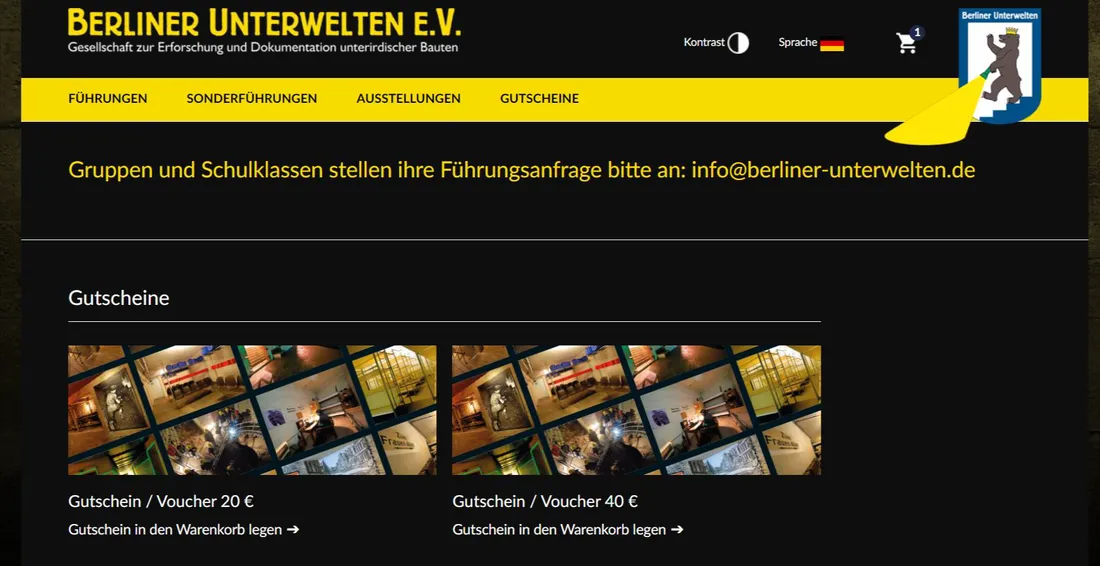 Screenshot der Gutscheinansicht im Berliner Unterwelten Ticketshop